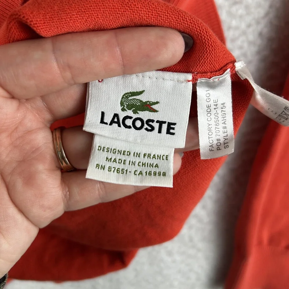 Lacoste Sweater Mens Large Orange Garment Dyed Cotton Crewneck Pullover Logo